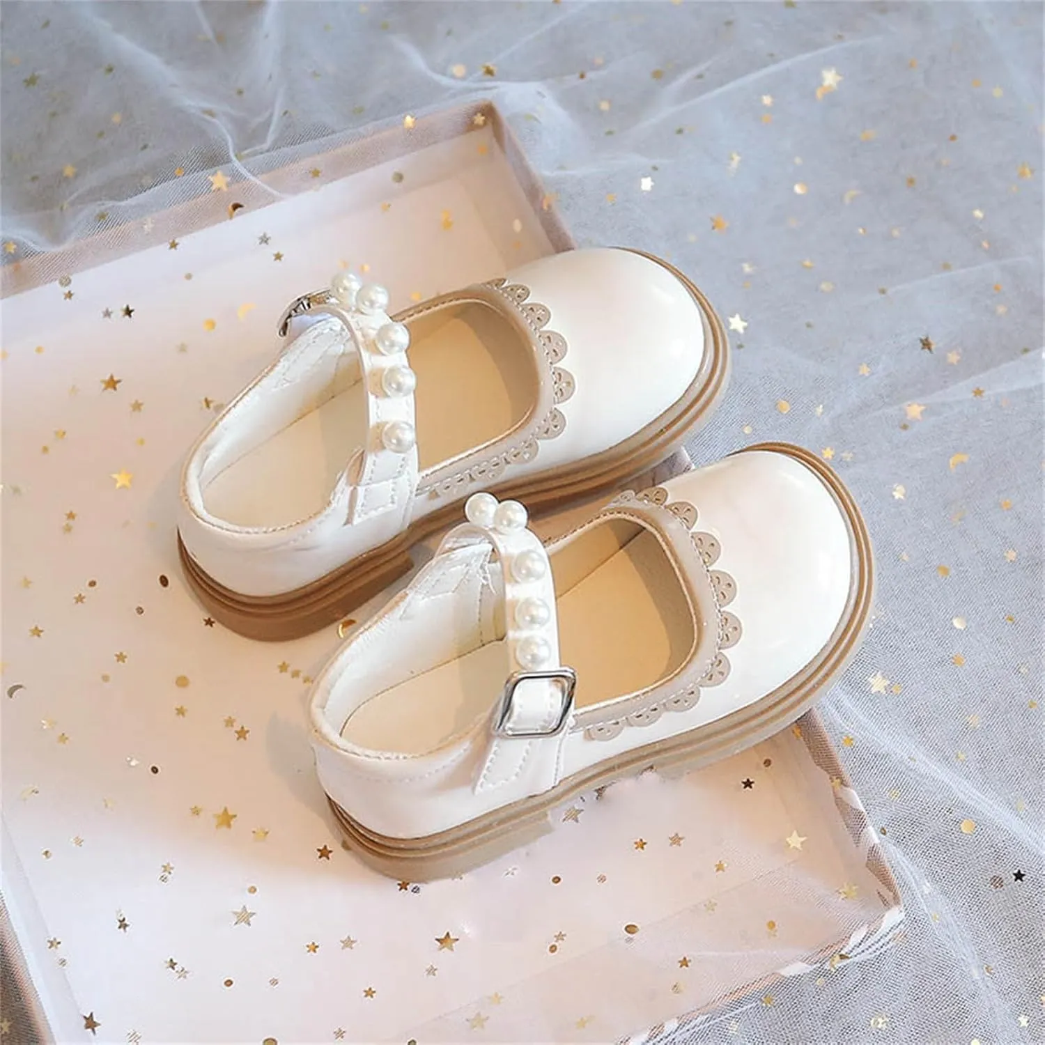 Toddler Baby Girls Mary Jane Flat with Pearls Strap Kids Formal School Dress Shoes Infant Girls Slip On Slippers