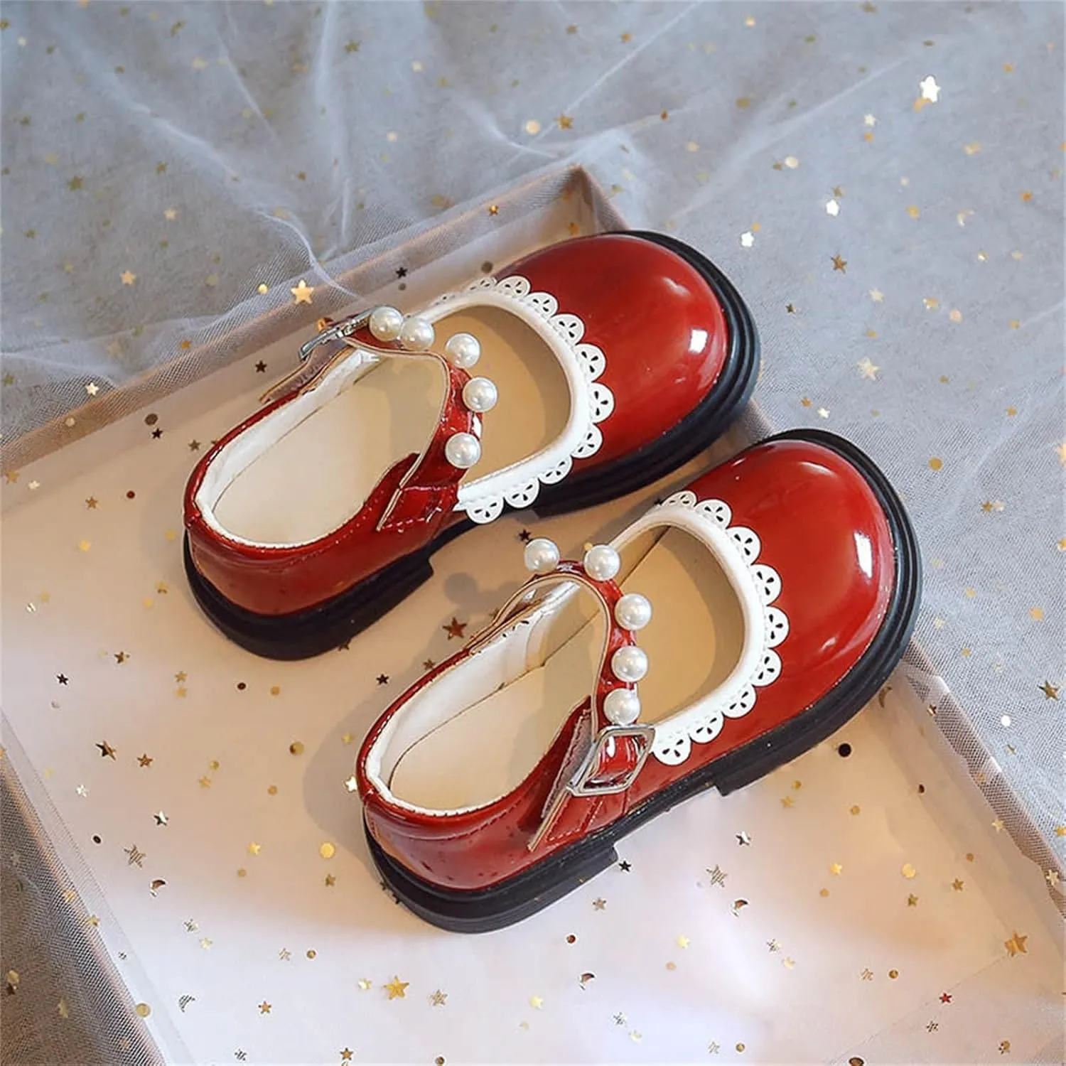 Toddler Baby Girls Mary Jane Flat with Pearls Strap Kids Formal School Dress Shoes Infant Girls Slip On Slippers