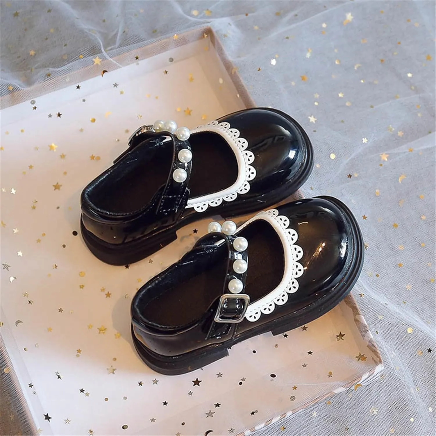 Toddler Baby Girls Mary Jane Flat with Pearls Strap Kids Formal School Dress Shoes Infant Girls Slip On Slippers