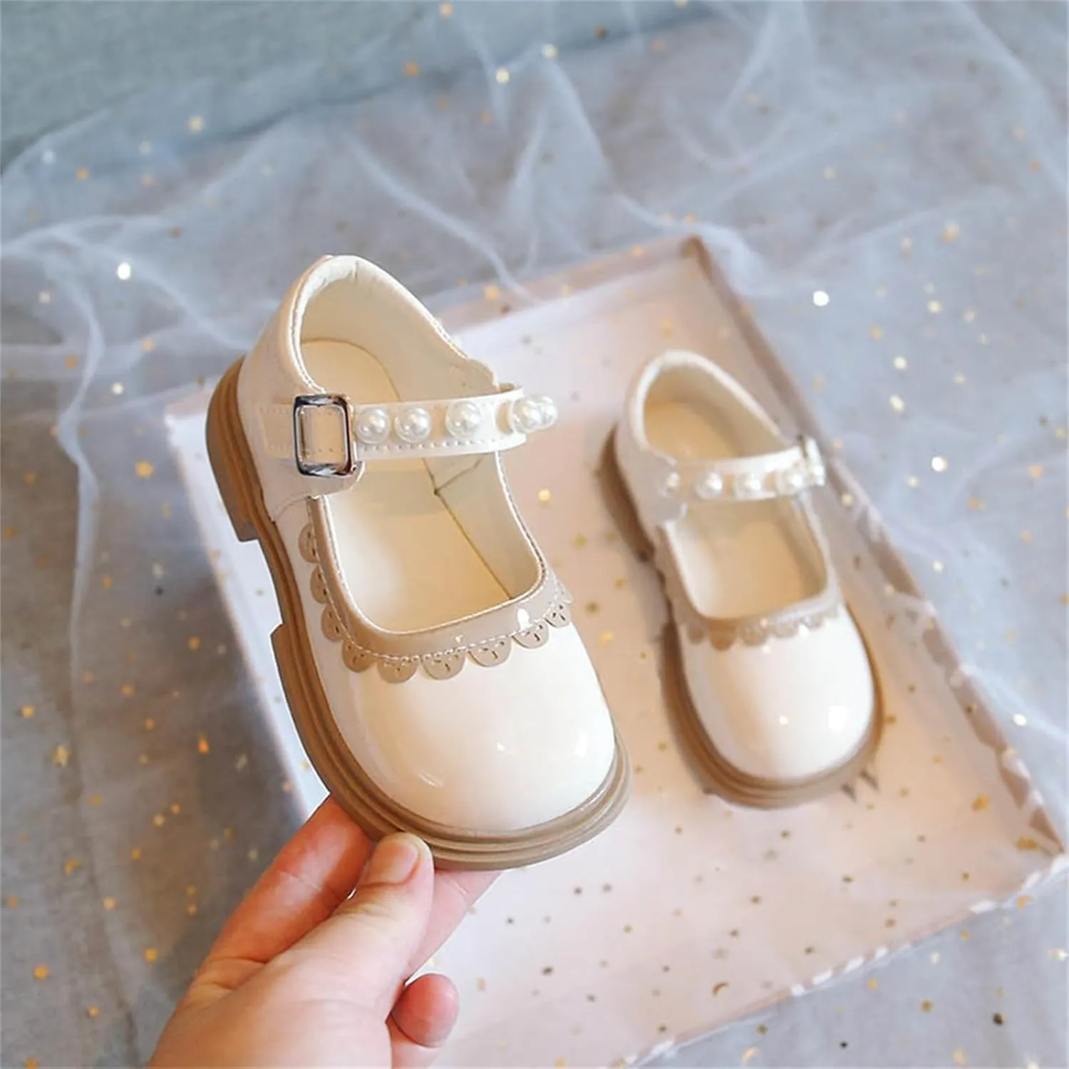 Toddler Baby Girls Mary Jane Flat with Pearls Strap Kids Formal School Dress Shoes Infant Girls Slip On Slippers