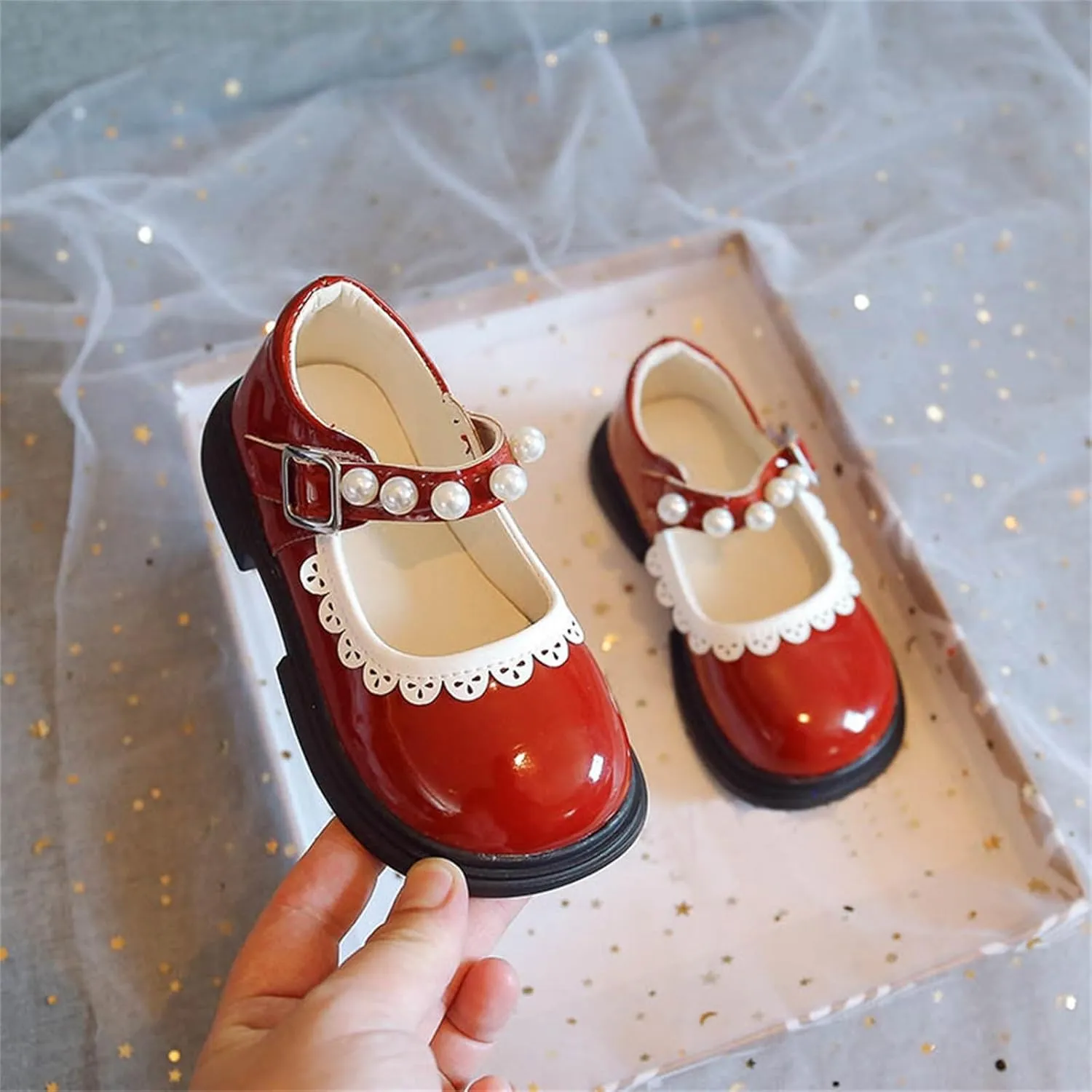 Toddler Baby Girls Mary Jane Flat with Pearls Strap Kids Formal School Dress Shoes Infant Girls Slip On Slippers