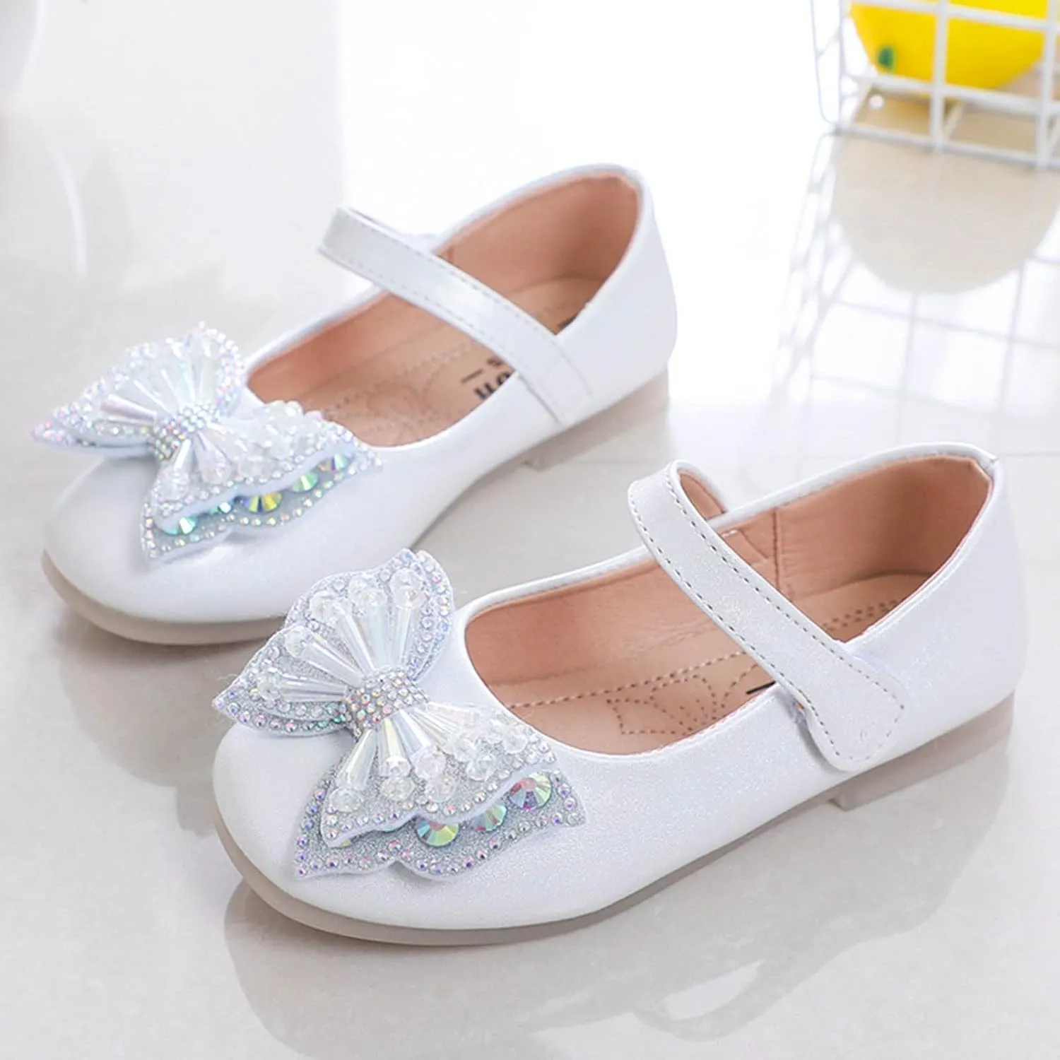 Toddler Flat Sandals Girls Cosplay Dress Wedding Party Shoes Glitter Sequins Low Heel Mary Jane Princess Shoes (White, 3 Big Kids)