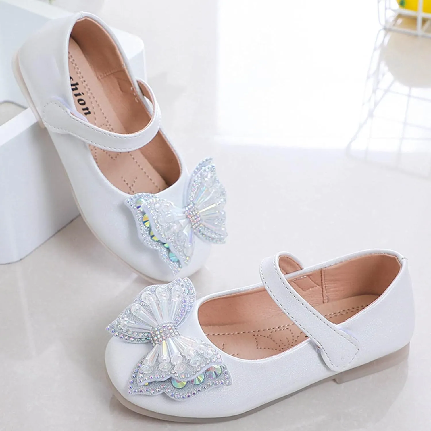 Toddler Flat Sandals Girls Cosplay Dress Wedding Party Shoes Glitter Sequins Low Heel Mary Jane Princess Shoes (White, 3 Big Kids)
