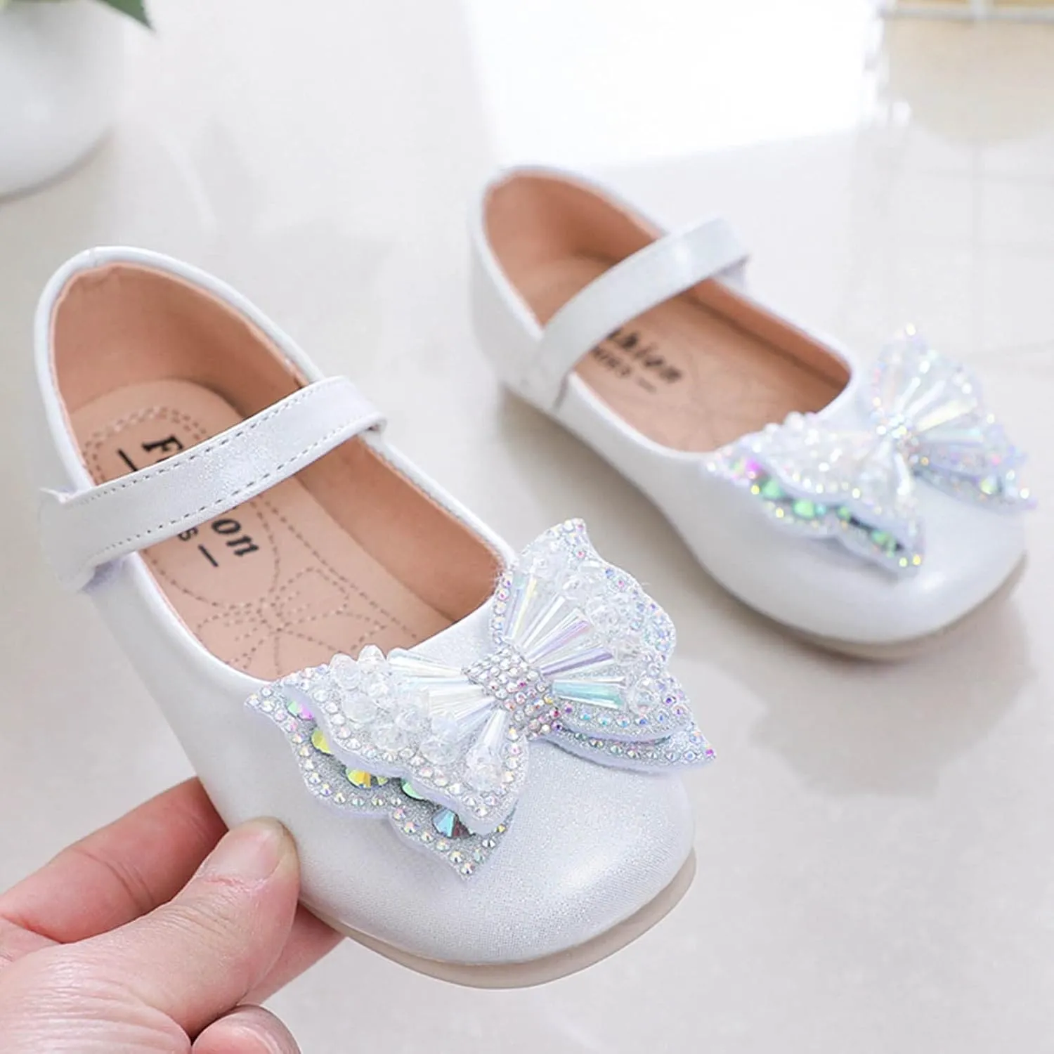 Toddler Flat Sandals Girls Cosplay Dress Wedding Party Shoes Glitter Sequins Low Heel Mary Jane Princess Shoes (White, 3 Big Kids)