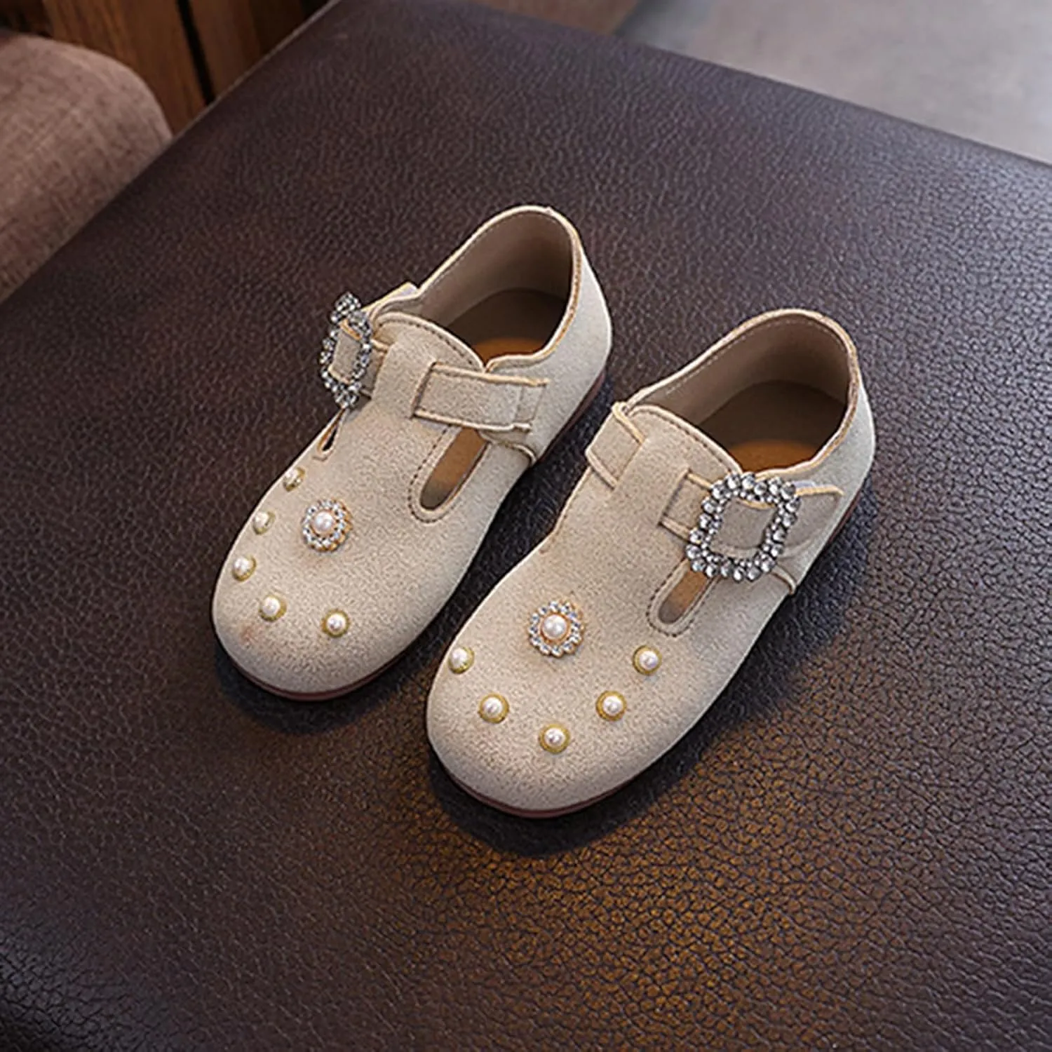 Toddler Girls Formal Closed Toe Ankle Sandals Pearl Sequins Adjusted Strap Flat Non Slip Dress Shoes Baby Infant Shoes