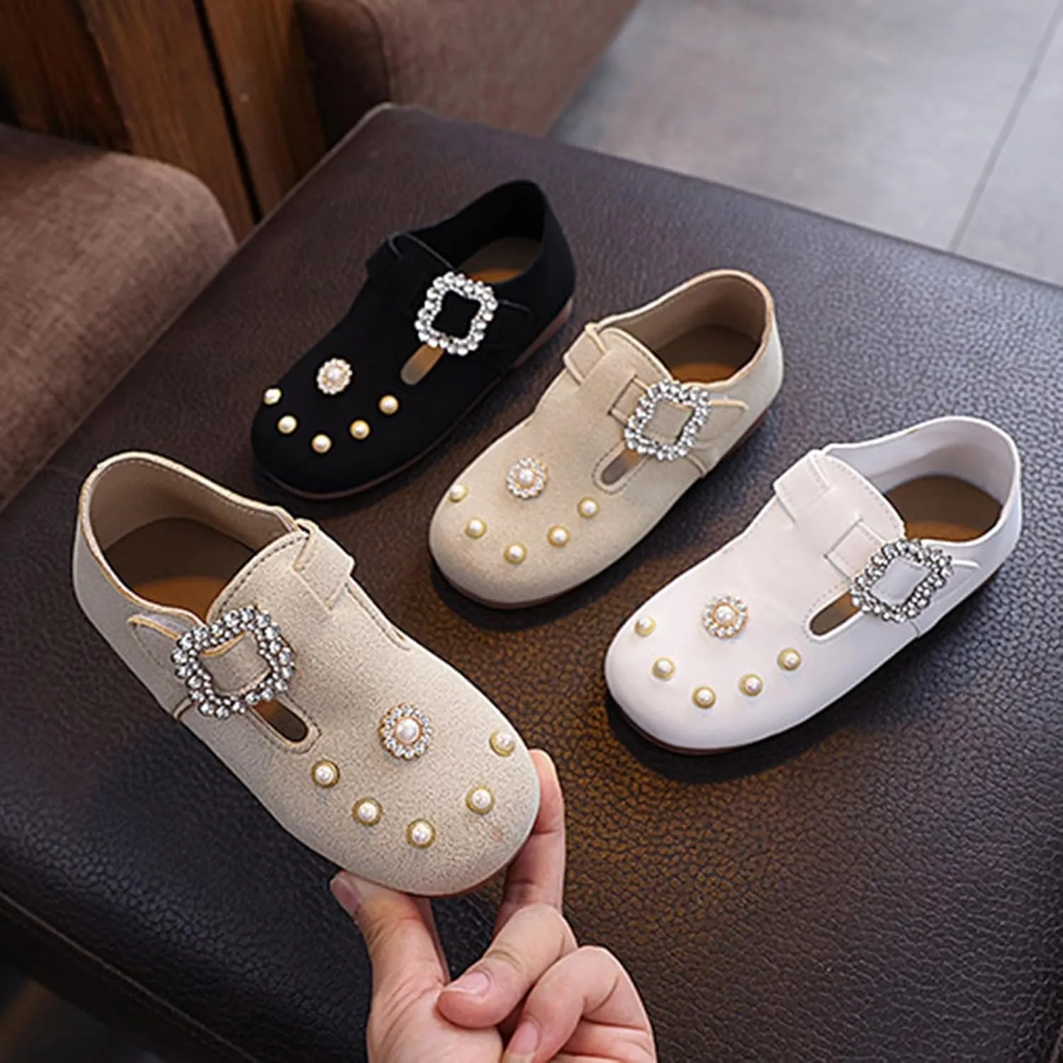 Toddler Girls Formal Closed Toe Ankle Sandals Pearl Sequins Adjusted Strap Flat Non Slip Dress Shoes Baby Infant Shoes