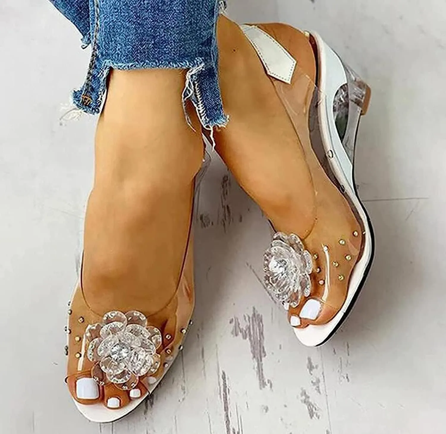 Tophacker Women's Clear Sandals See-Through Rhinestone Wedge Heel Sandals Studded Flower Design Transparent Sandals Lady's Casual Shoes Open Peep Toe Bohemia Dress Shoes