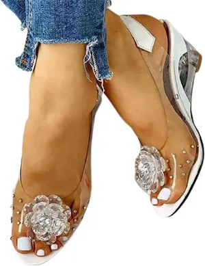 Tophacker Women's Clear Sandals See-Through Rhinestone Wedge Heel Sandals Studded Flower Design Transparent Sandals Lady's Casual Shoes Open Peep Toe Bohemia Dress Shoes