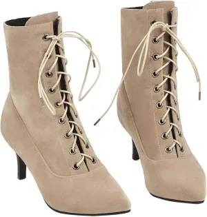 UniqueStride Womens Lace up Stiletto High Heel Ankle Boots Pointed Toe Faux Suede Retro Ankle Booties