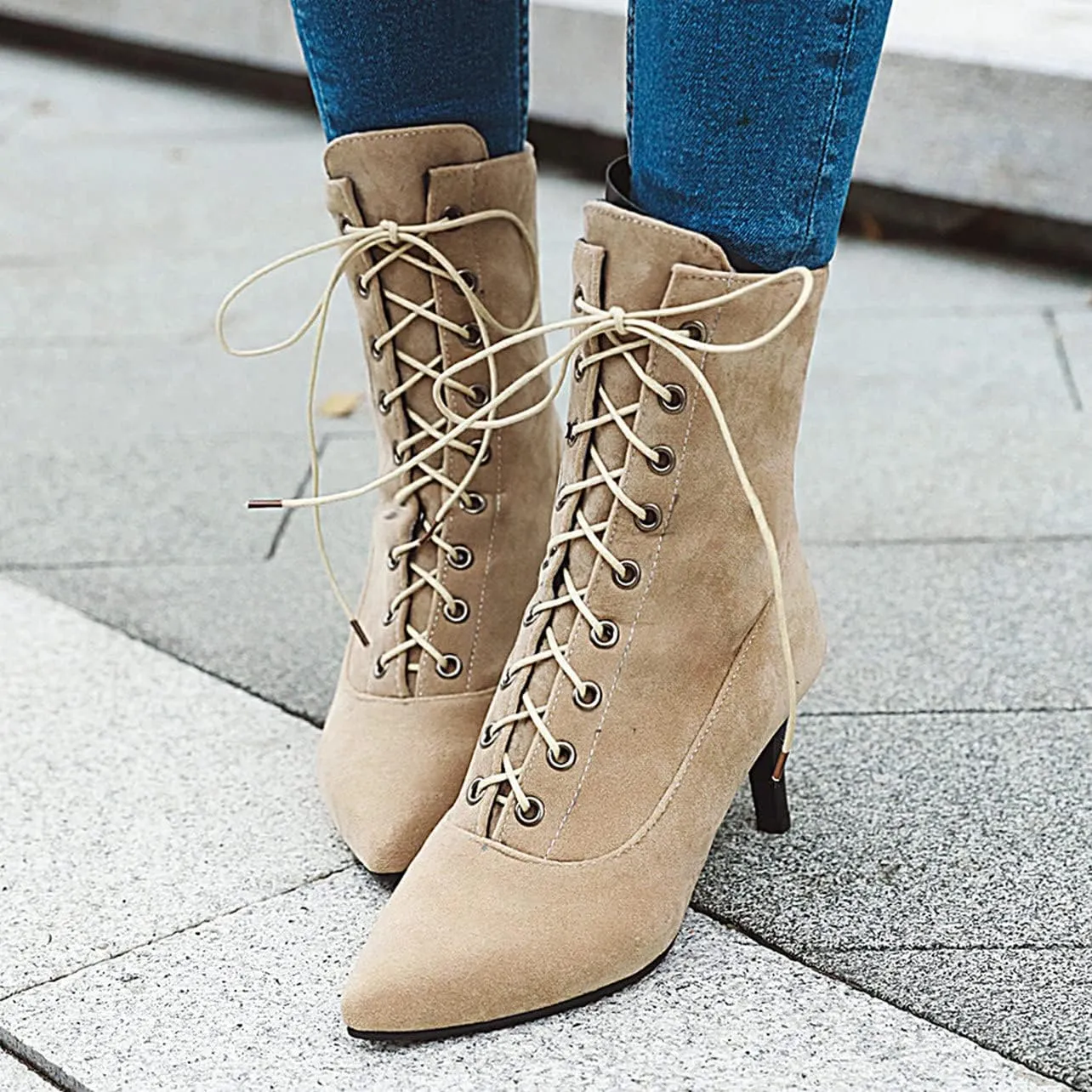 UniqueStride Womens Lace up Stiletto High Heel Ankle Boots Pointed Toe Faux Suede Retro Ankle Booties
