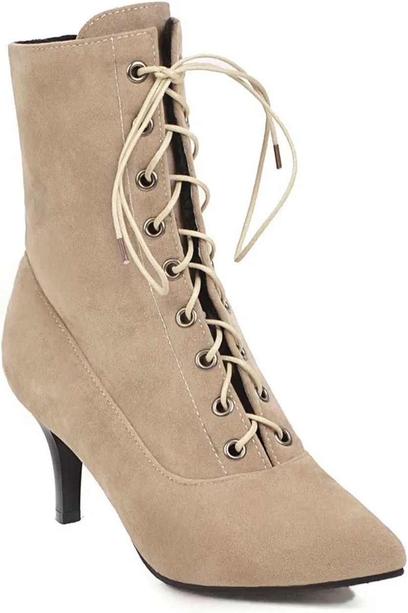 UniqueStride Womens Lace up Stiletto High Heel Ankle Boots Pointed Toe Faux Suede Retro Ankle Booties