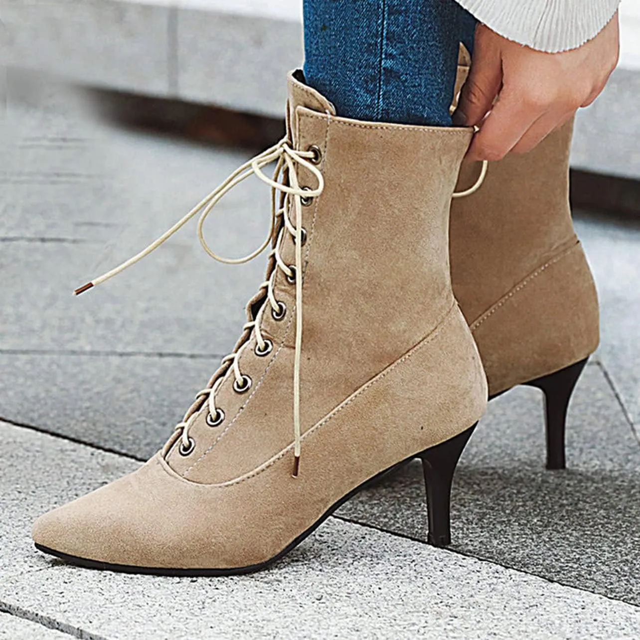 UniqueStride Womens Lace up Stiletto High Heel Ankle Boots Pointed Toe Faux Suede Retro Ankle Booties