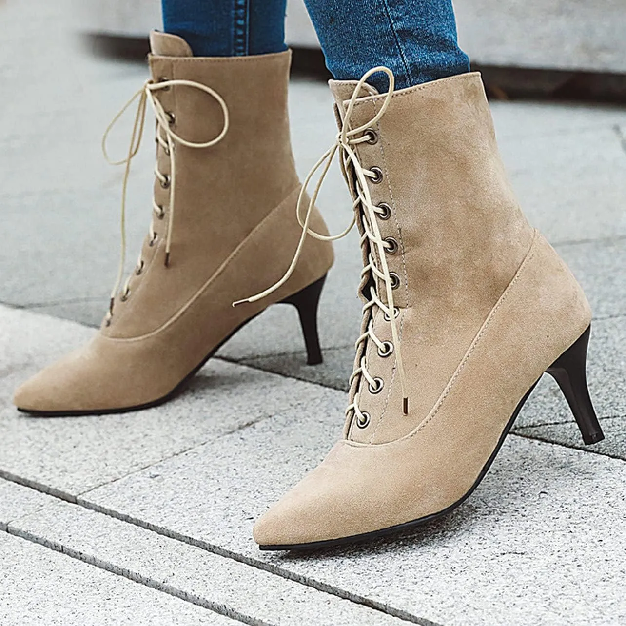 UniqueStride Womens Lace up Stiletto High Heel Ankle Boots Pointed Toe Faux Suede Retro Ankle Booties