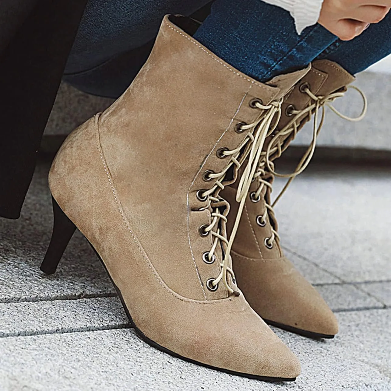 UniqueStride Womens Lace up Stiletto High Heel Ankle Boots Pointed Toe Faux Suede Retro Ankle Booties