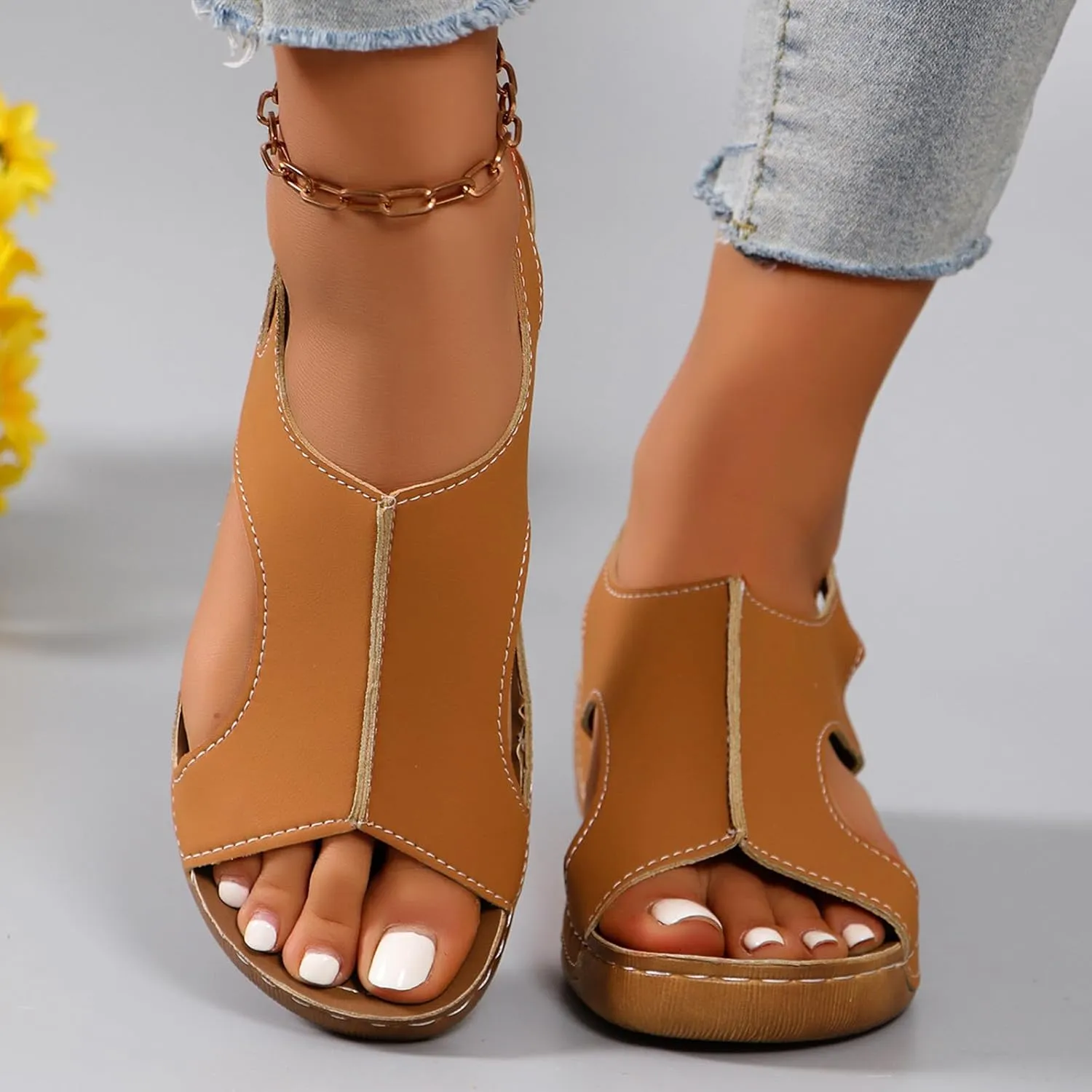 Vacation Sandals for Women Leather Slope Heel Thick Bottom Sandals Fish Mouth Party Womens Breathable Shoes