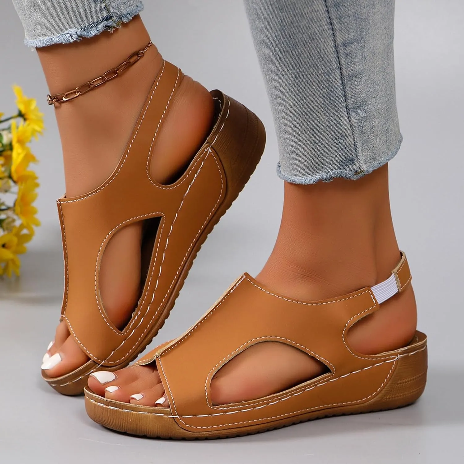Vacation Sandals for Women Leather Slope Heel Thick Bottom Sandals Fish Mouth Party Womens Breathable Shoes