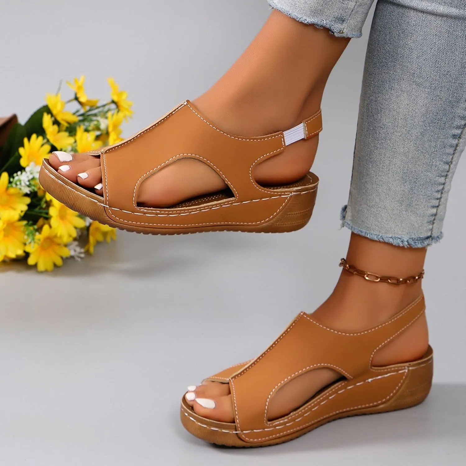 Vacation Sandals for Women Leather Slope Heel Thick Bottom Sandals Fish Mouth Party Womens Breathable Shoes