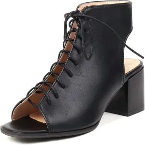 VOKLIN Women's Fashion Peep Toe Chunky Block Mid Heel Sandals Shoes Lace Up Cutout Dress Pump Sandal Booties