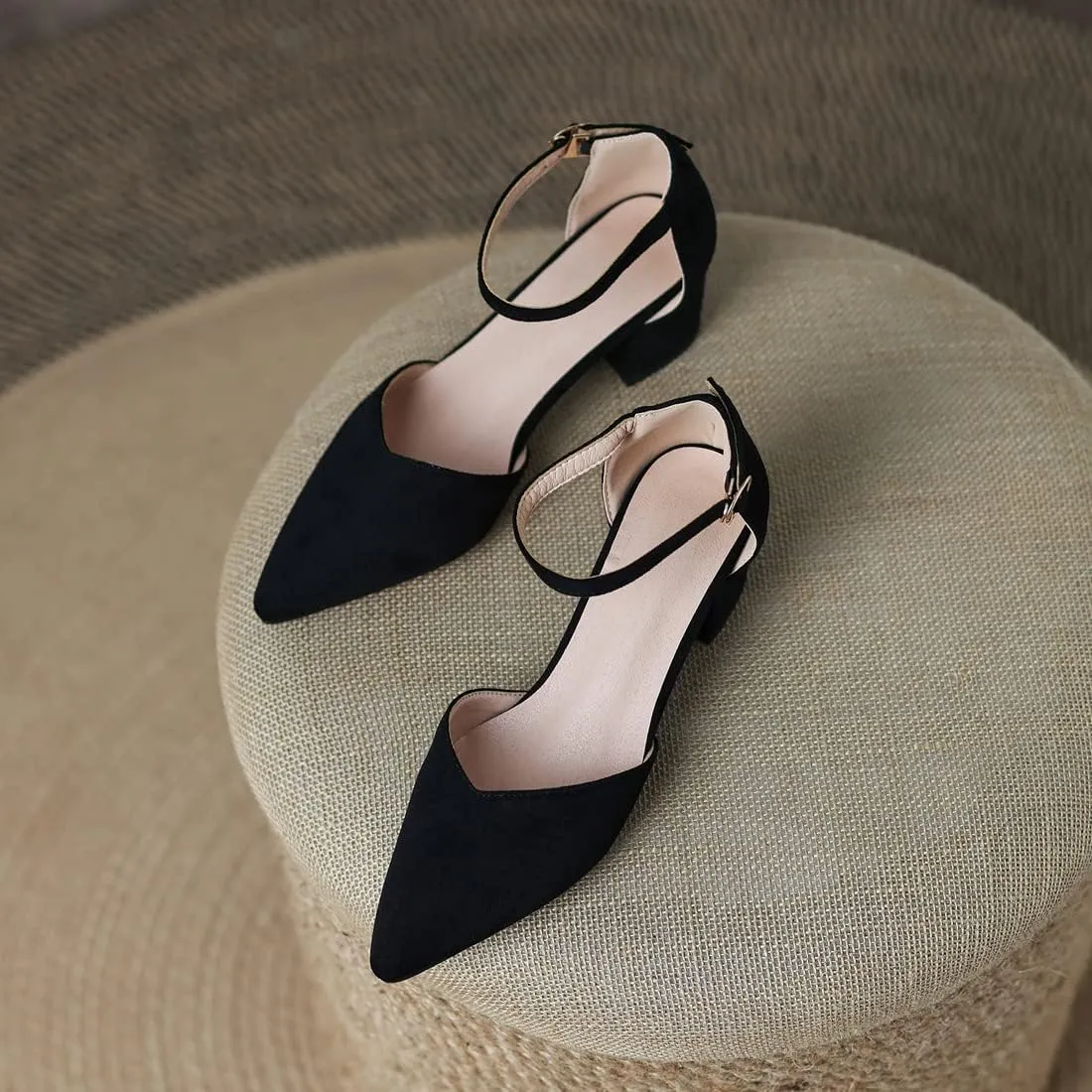 VOKLIN Women's Pointed Toe Block Low Heel Sandals Suede Ankle Strap D'Orsay Pump Party Dressy Heeled Sandal