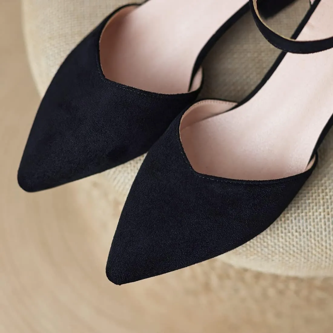 VOKLIN Women's Pointed Toe Block Low Heel Sandals Suede Ankle Strap D'Orsay Pump Party Dressy Heeled Sandal