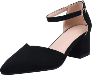 VOKLIN Women's Pointed Toe Block Low Heel Sandals Suede Ankle Strap D'Orsay Pump Party Dressy Heeled Sandal