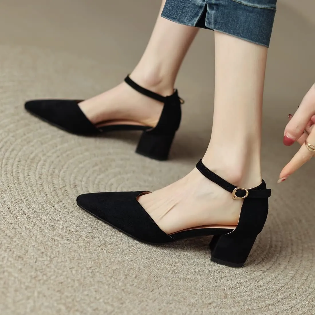 VOKLIN Women's Pointed Toe Block Low Heel Sandals Suede Ankle Strap D'Orsay Pump Party Dressy Heeled Sandal