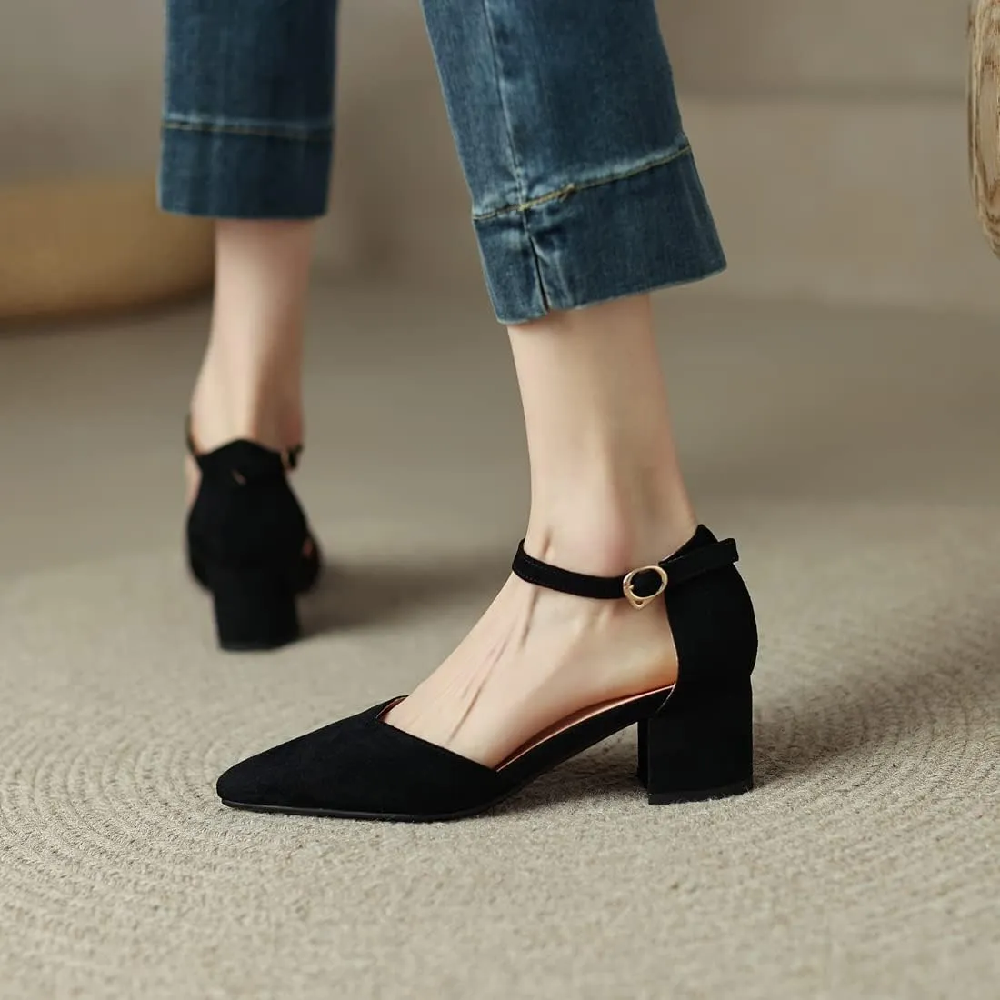 VOKLIN Women's Pointed Toe Block Low Heel Sandals Suede Ankle Strap D'Orsay Pump Party Dressy Heeled Sandal