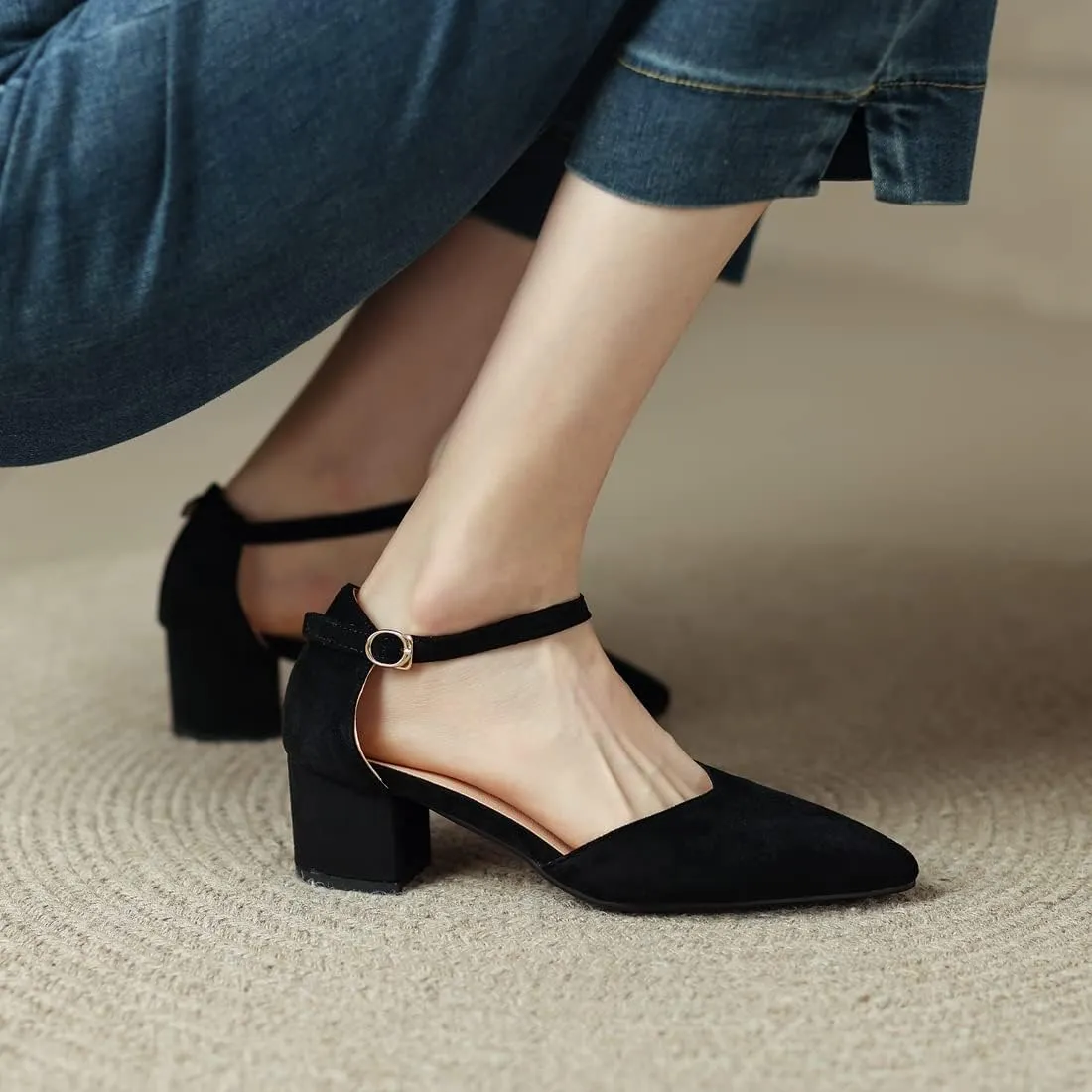 VOKLIN Women's Pointed Toe Block Low Heel Sandals Suede Ankle Strap D'Orsay Pump Party Dressy Heeled Sandal