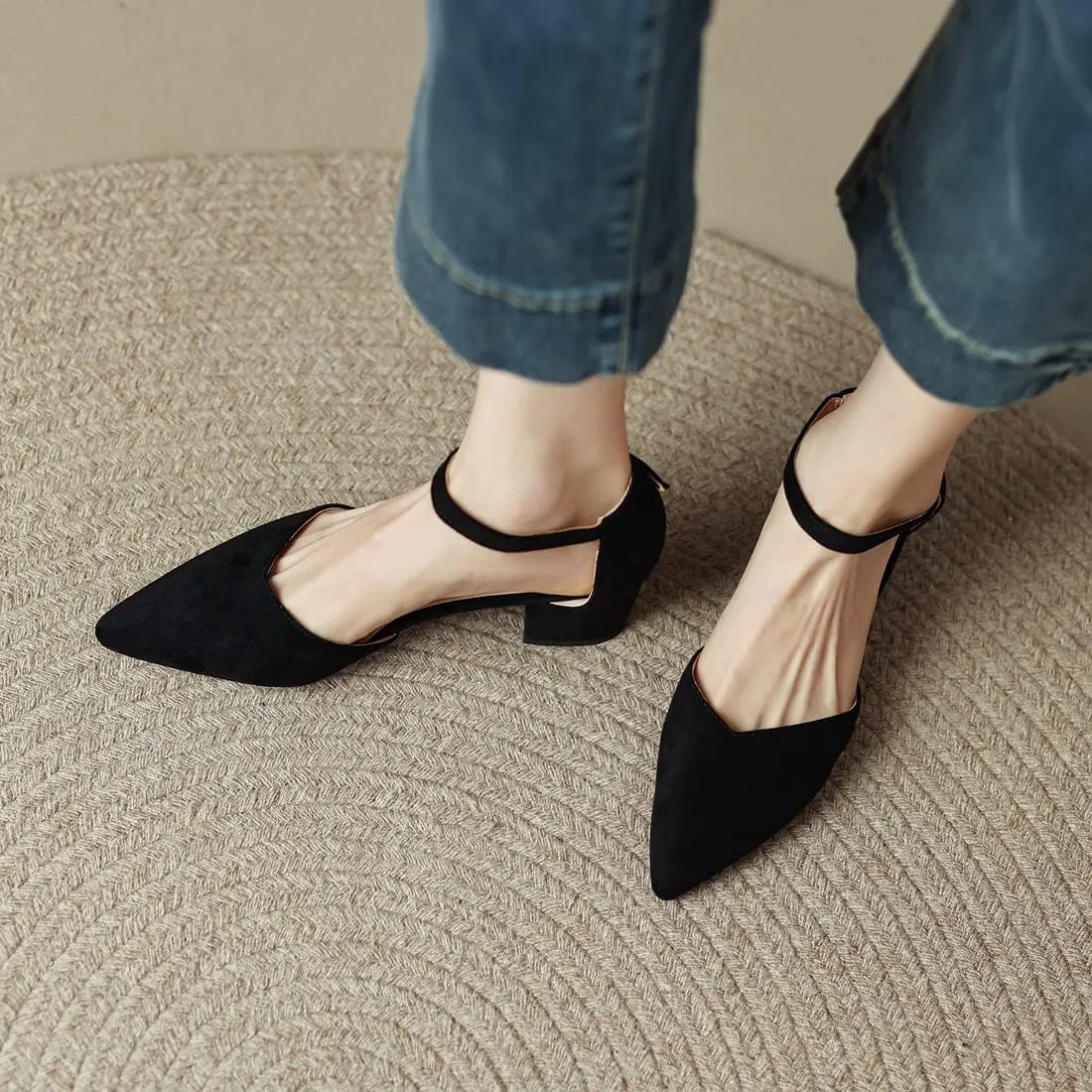 VOKLIN Women's Pointed Toe Block Low Heel Sandals Suede Ankle Strap D'Orsay Pump Party Dressy Heeled Sandal