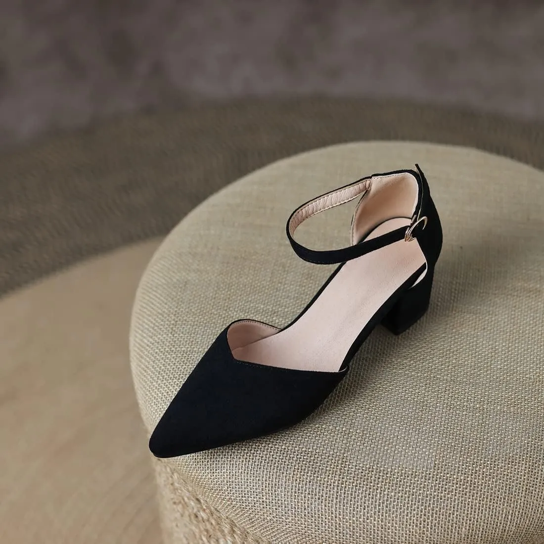 VOKLIN Women's Pointed Toe Block Low Heel Sandals Suede Ankle Strap D'Orsay Pump Party Dressy Heeled Sandal