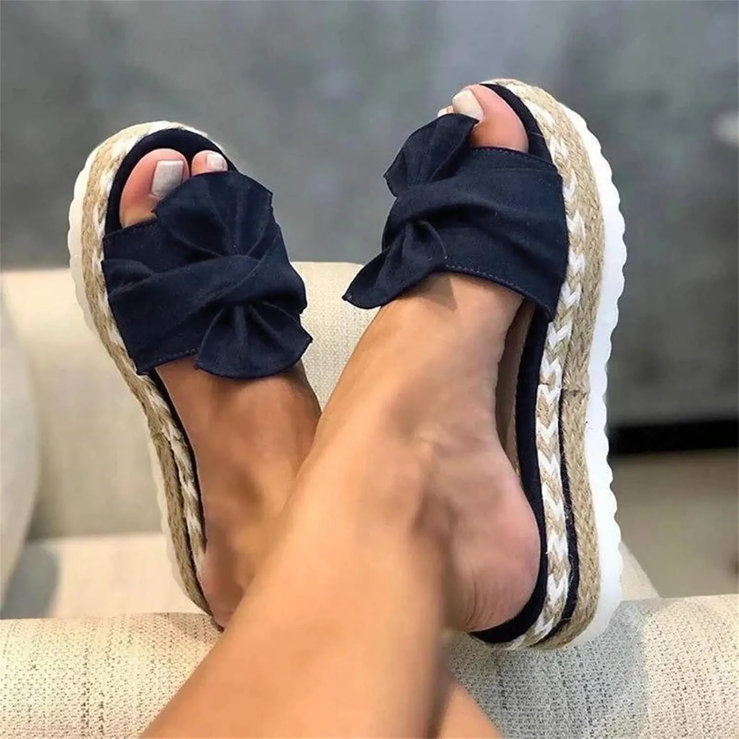 Wedge Sandals for Women Summer Cool Slip-on Bowknot Slides Espadrille Sandals Fashion Bohemian Platform Espadrilles Slip On Sandals Lightweight Breathable Walking Shoes Outdoor Shoes