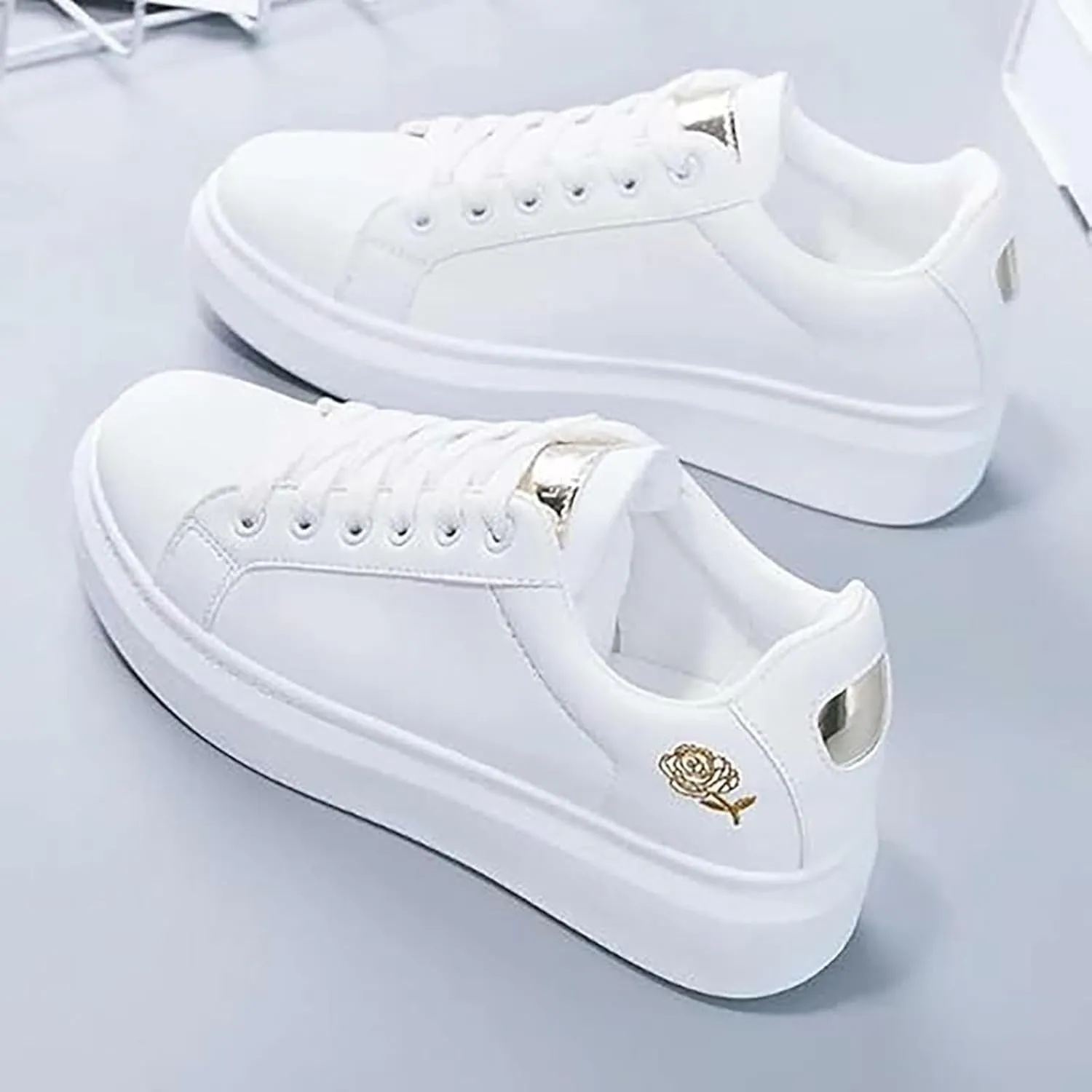 Woman Tennis Shoes White Lace Up Flat Fashion Athletic Shoes Casual Cute Lightweight Running Walking Sport Sneakers
