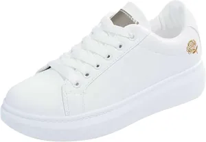 Woman Tennis Shoes White Lace Up Flat Fashion Athletic Shoes Casual Cute Lightweight Running Walking Sport Sneakers