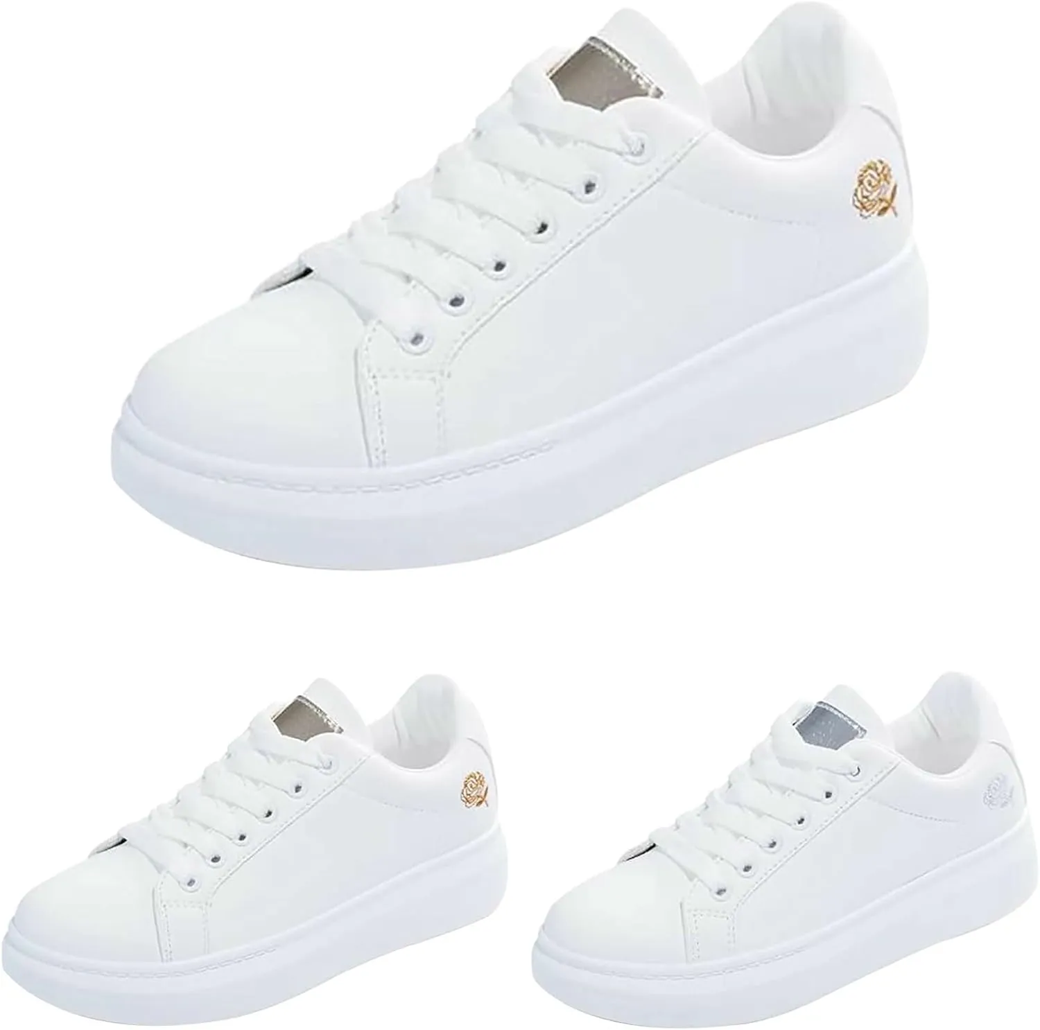 Woman Tennis Shoes White Lace Up Flat Fashion Athletic Shoes Casual Cute Lightweight Running Walking Sport Sneakers