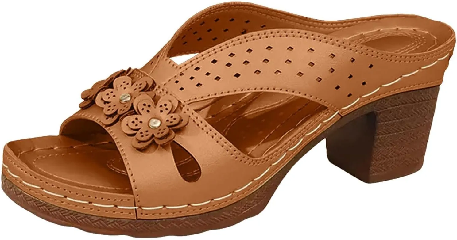 Women Chunky Heels Casual Slip on Flower Hollow Open Toe Heel Sandals 2025 Summer Mules Shoes Vacation Slippers