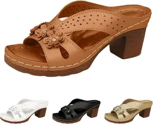 Women Chunky Heels Casual Slip on Flower Hollow Open Toe Heel Sandals 2025 Summer Mules Shoes Vacation Slippers