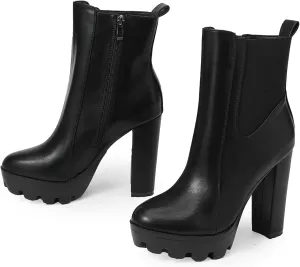 Women's Black High Heels Goth Ankle Boots, Punk Chunky Heel Faux Suede Combat Boots, Sexy Frosted Platform Boots Gothic Block Booties Round Toe Side Zipper Shoes
