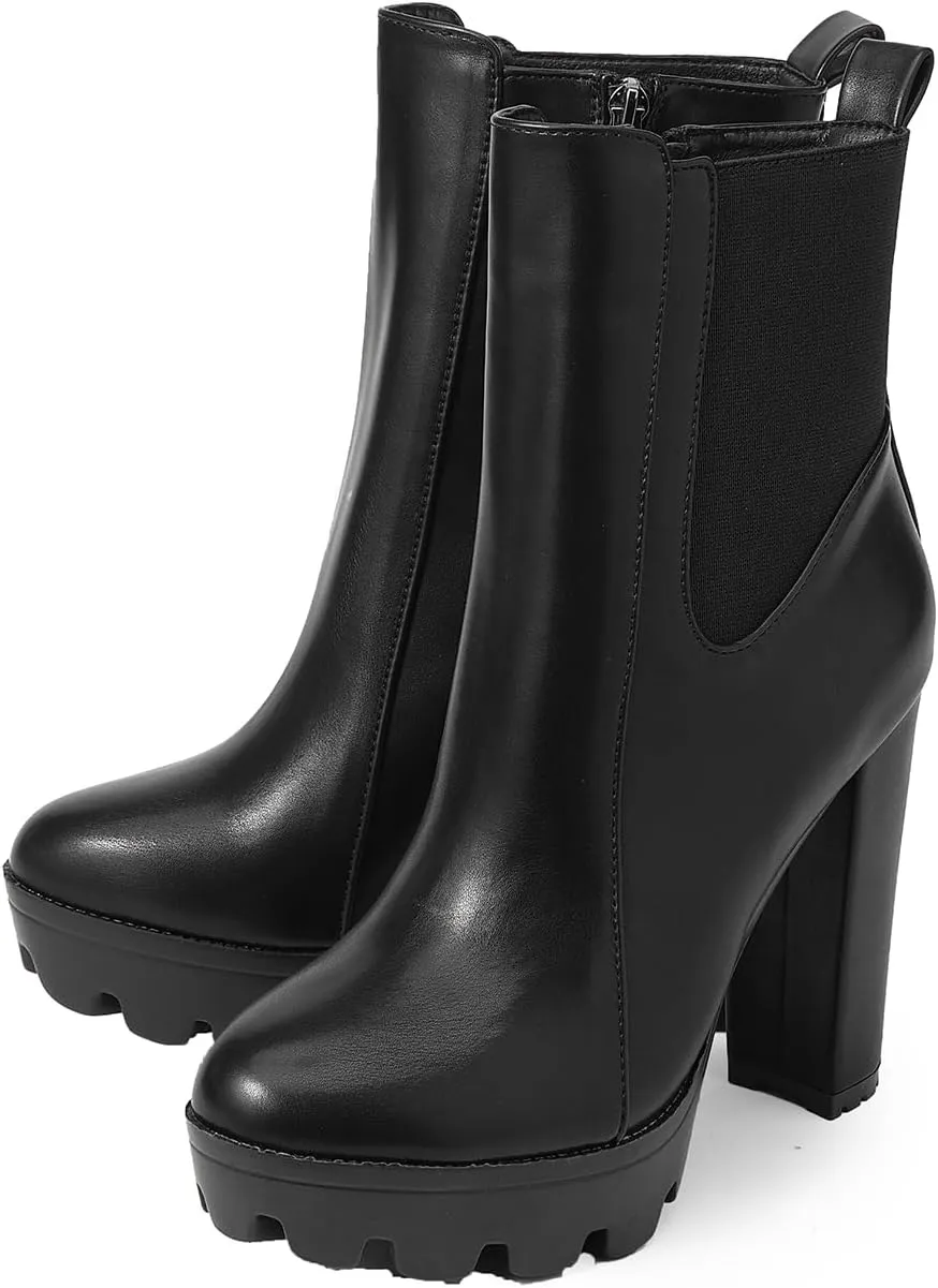 Women's Black High Heels Goth Ankle Boots, Punk Chunky Heel Faux Suede Combat Boots, Sexy Frosted Platform Boots Gothic Block Booties Round Toe Side Zipper Shoes