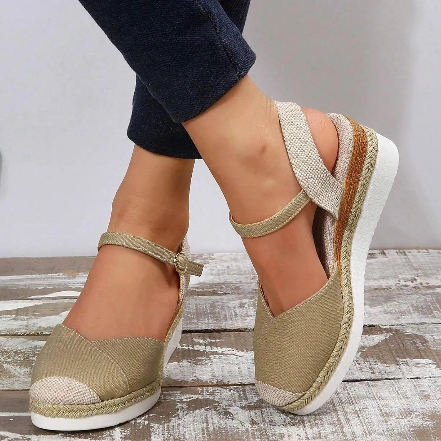 Women's Closed Toe Platform Sandals Summer Buckle Ankle Strap Espadrilles Wedges for Women, Comfortable Anti Slip Beach Walking Shoes Platform Espadrilles Sandal Fashion Dress Shoes