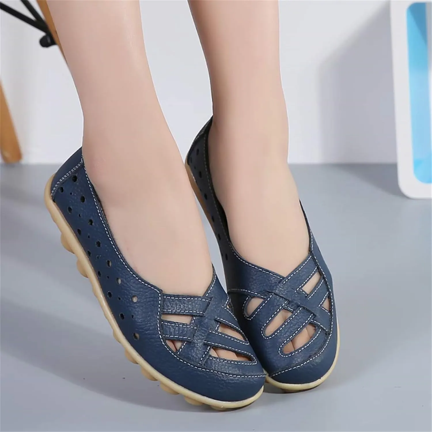 womens comfort sandals Breathable Leather Hollow Out Loafer Flats Summer Slip-On Cutout Sandals Casual Round Toe Orthopedic Loafers Fashion Soft Shoes