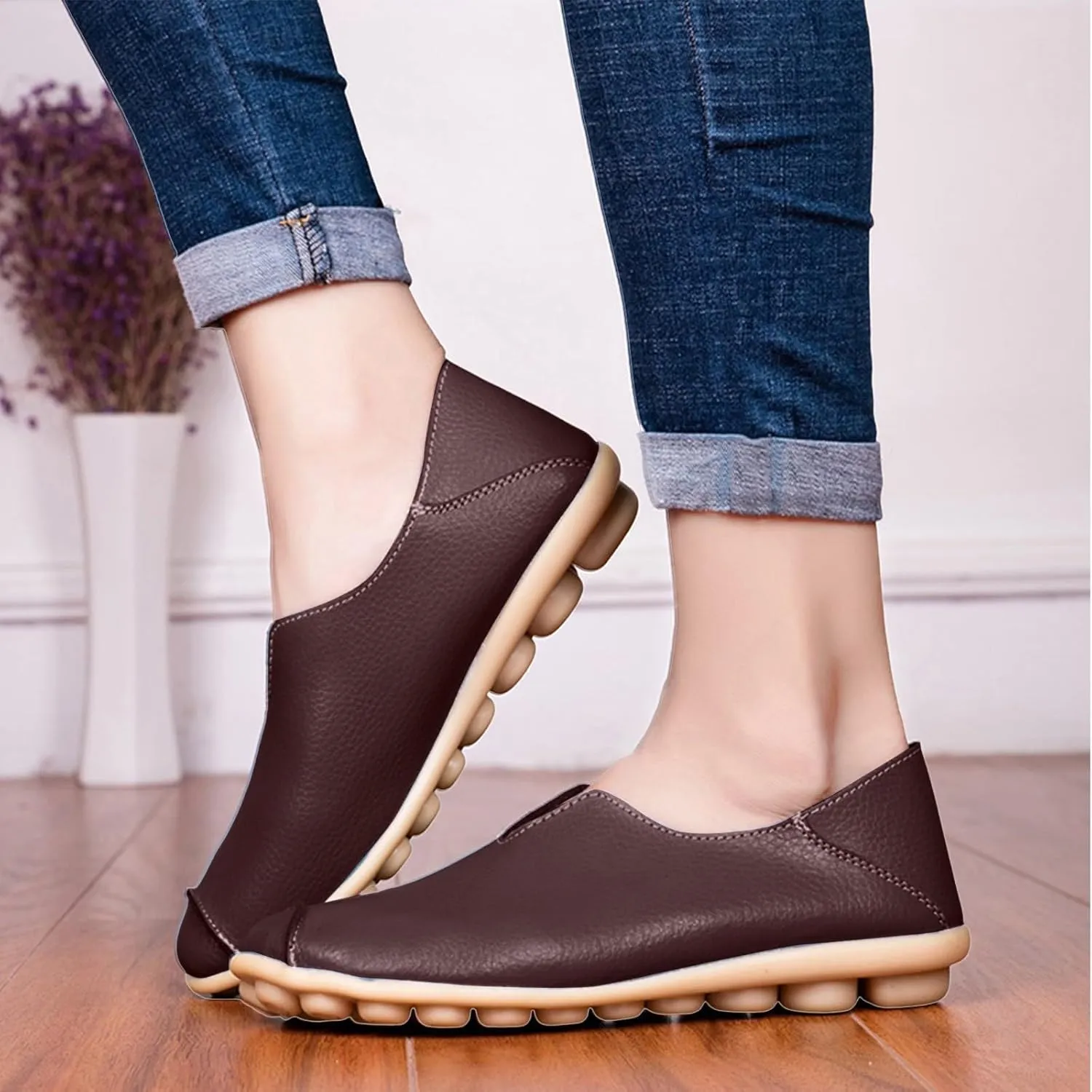Women's Comfort Walking Boat Shoe Breathable Walking Office Flat Loafer Casual Leather Flats Slip On Driving Loafers Comfortable Orthopedic Shoes