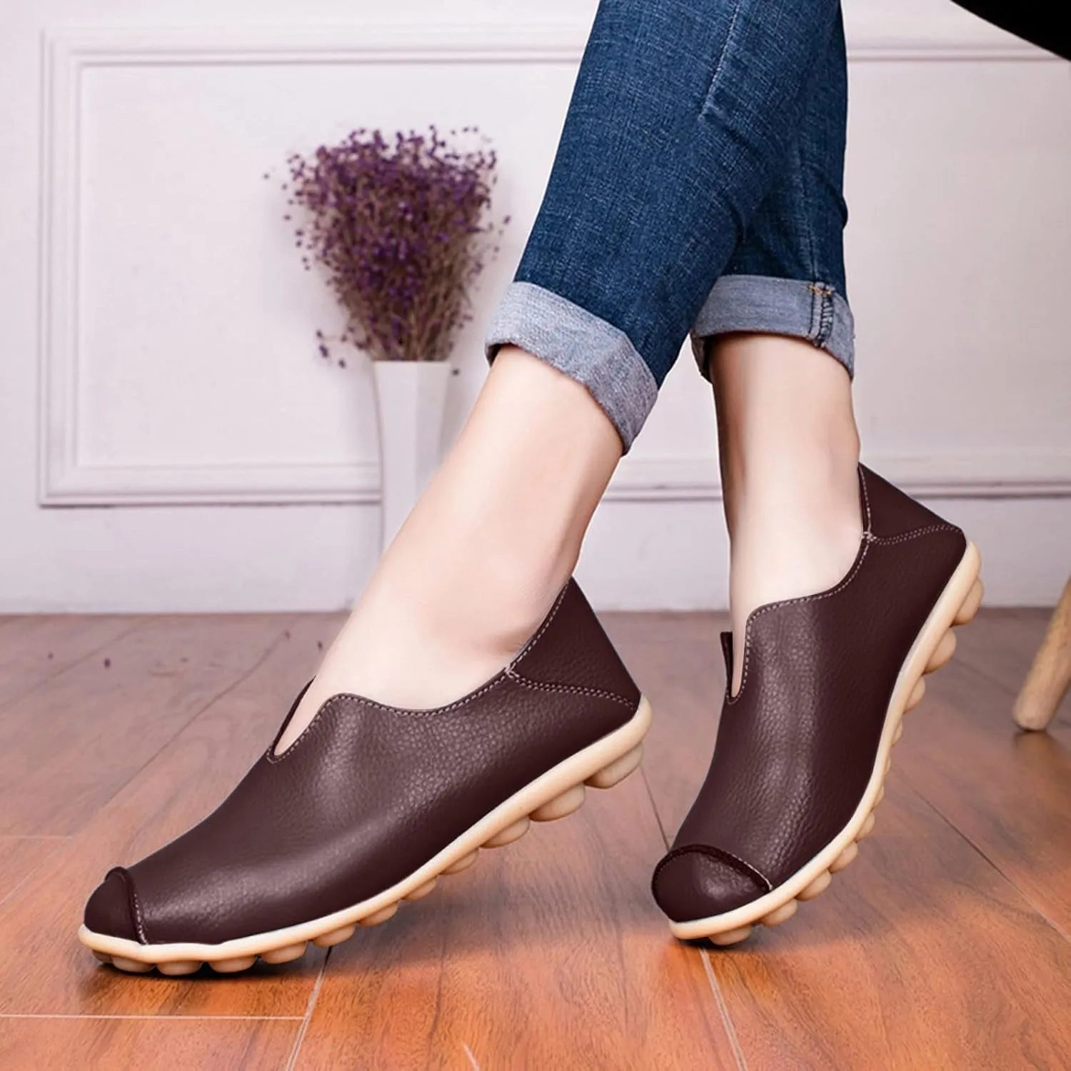 Women's Comfort Walking Boat Shoe Breathable Walking Office Flat Loafer Casual Leather Flats Slip On Driving Loafers Comfortable Orthopedic Shoes