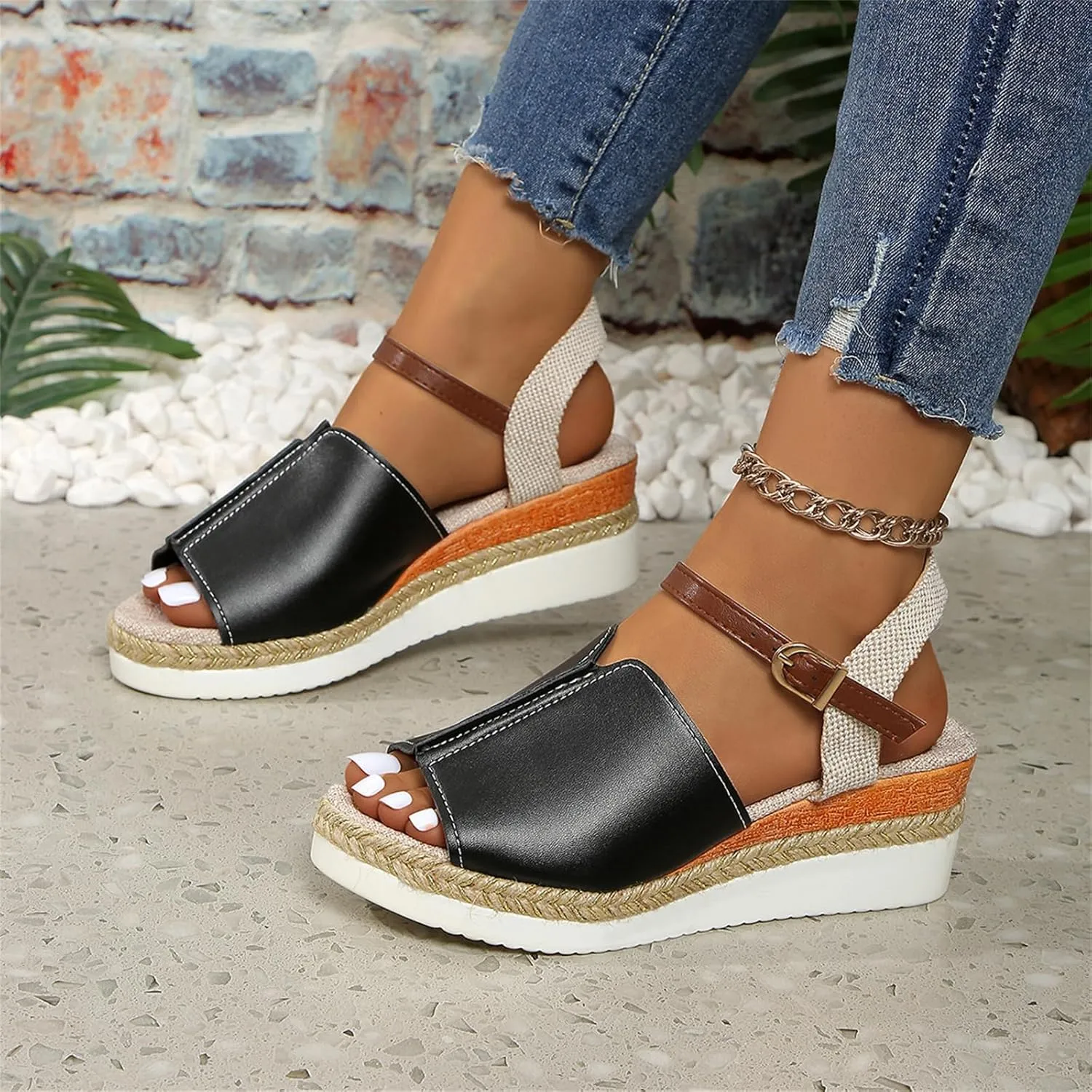 Women's Espadrille Wedge Sandals Closed Toe Orthopedic Ankle Strap With Straps Fishmouth Platform Arch Support Wedges Sandal Casual Non-Slip Comfortable Dress Office Work Shoes