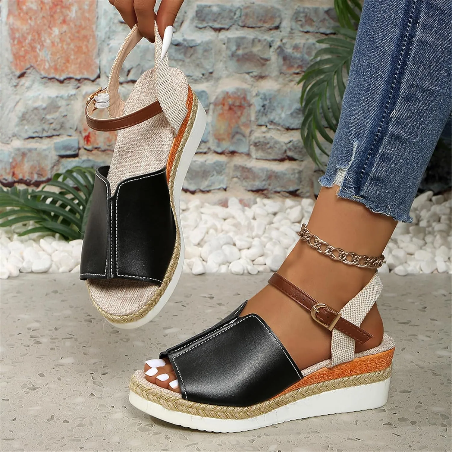 Women's Espadrille Wedge Sandals Closed Toe Orthopedic Ankle Strap With Straps Fishmouth Platform Arch Support Wedges Sandal Casual Non-Slip Comfortable Dress Office Work Shoes