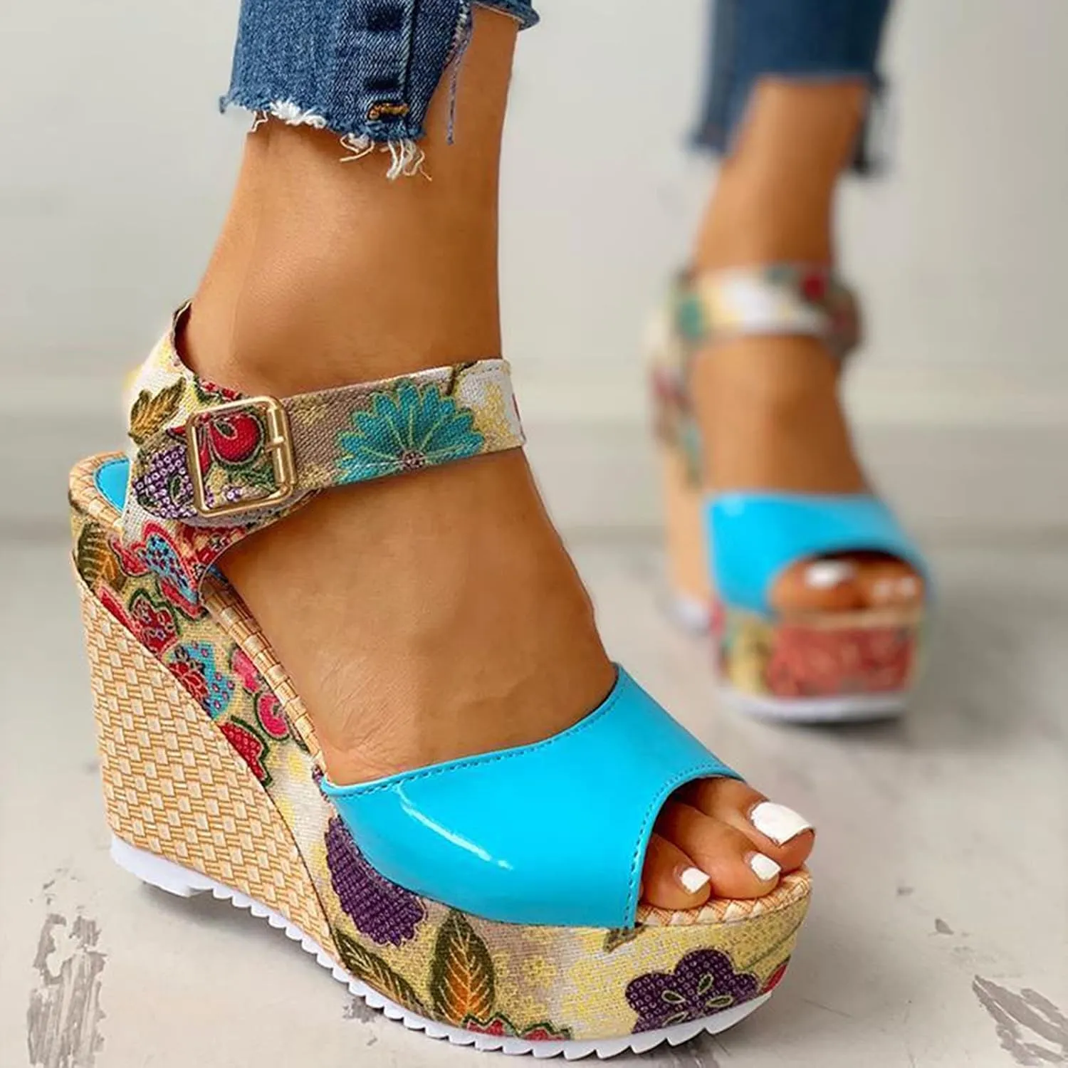 Women's Espadrille Wedges Sandals Heels Open Toe Platform Buckle Ankle Strap Summer Dress Shoes, Elegant Floral Classic Wedge Sandals Fish Mouth Breathable Espadrilles