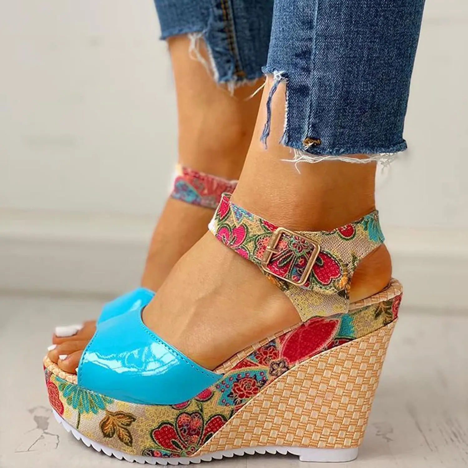 Women's Espadrille Wedges Sandals Heels Open Toe Platform Buckle Ankle Strap Summer Dress Shoes, Elegant Floral Classic Wedge Sandals Fish Mouth Breathable Espadrilles