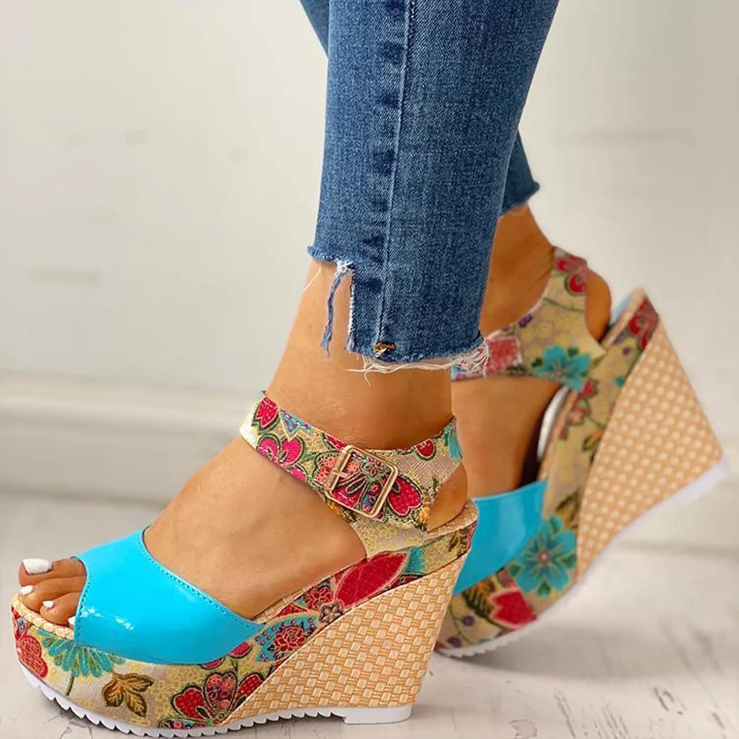 Women's Espadrille Wedges Sandals Heels Open Toe Platform Buckle Ankle Strap Summer Dress Shoes, Elegant Floral Classic Wedge Sandals Fish Mouth Breathable Espadrilles