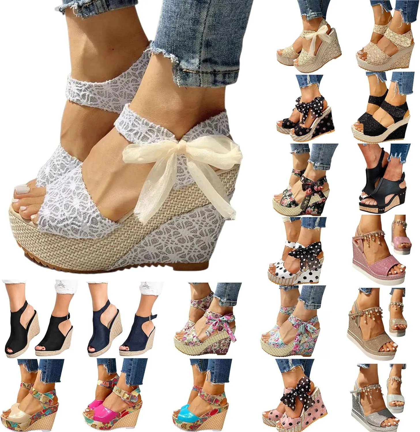 Womens Espadrille Wedges Sandals Heels Open Toe Tie Lace Up Platform Ankle Strap Summer Dress Shoes, Elegant Floral Classic Wedges Comfortable Beach Platform Sandals