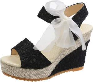 Womens Espadrille Wedges Sandals Heels Open Toe Tie Lace Up Platform Ankle Strap Summer Dress Shoes, Elegant Floral Classic Wedges Comfortable Beach Platform Sandals