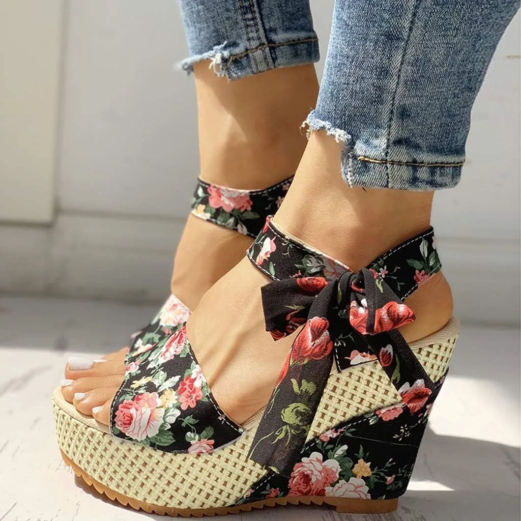Womens Espadrille Wedges Sandals Heels Open Toe Tie Lace Up Platform Ankle Strap Summer Dress Shoes, Elegant Floral Classic Wedges Comfortable Beach Platform Sandals
